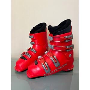 Salomon kids ski boots downhill alpine 21 mondo or us 2 red 4 clips winter sport
